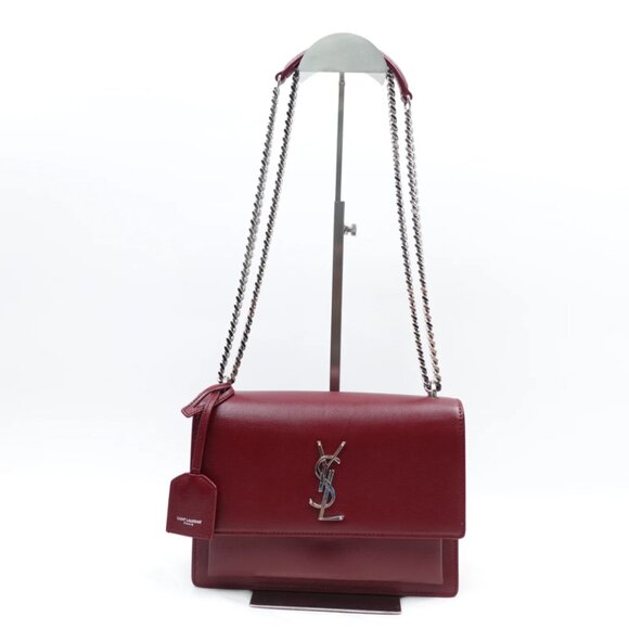 YSL Saint Laurent Sunset Medium Crossbody – Burgundy Calfskin, Silver Hardware - Picture 1 of 9